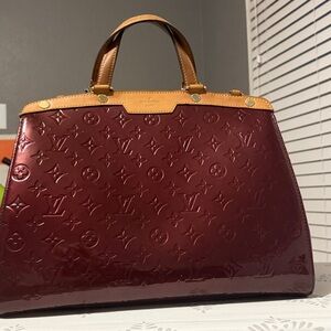 Louis Vuitton Burgundy Vernis Alma Satchel with Tan Trim